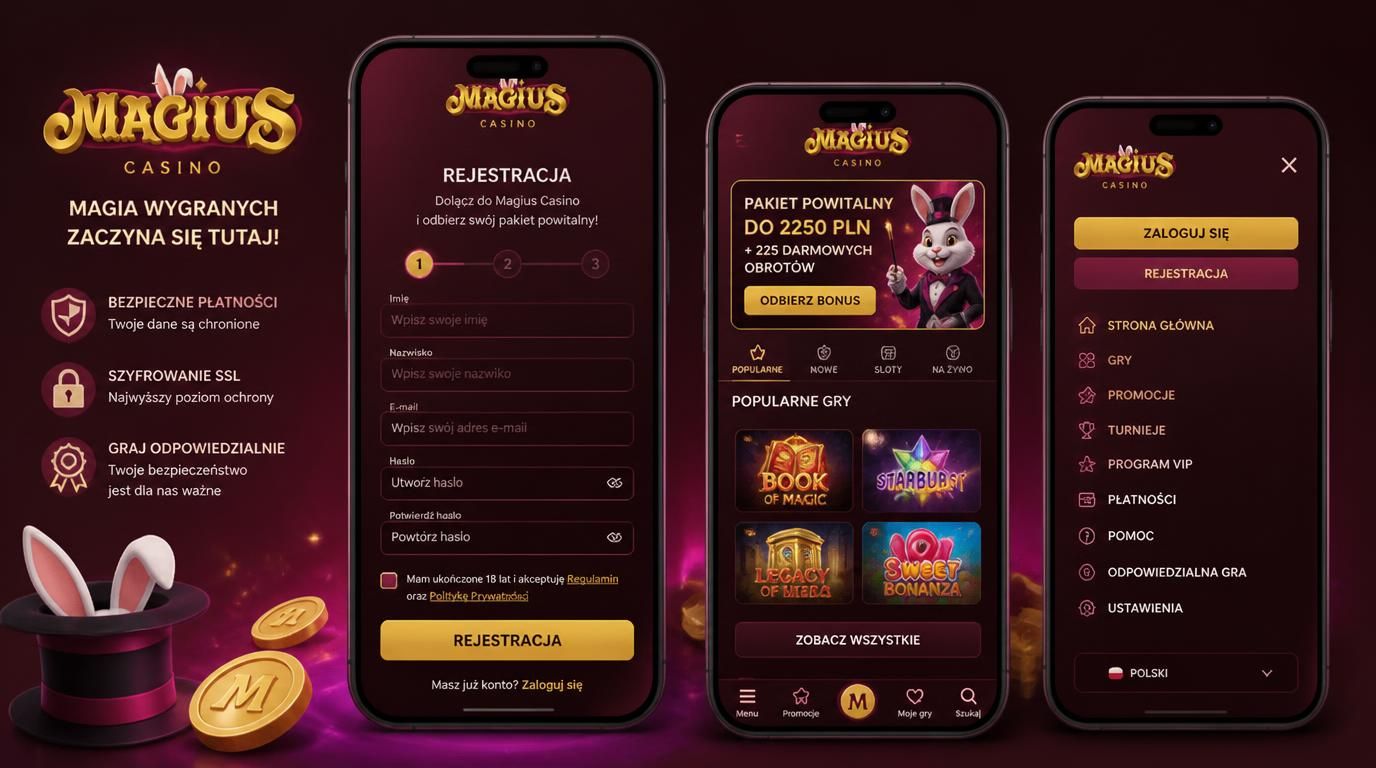 Mobilna rejestracja Magius Casino na smartfonie, formularz i przycisk „Rejestracja”