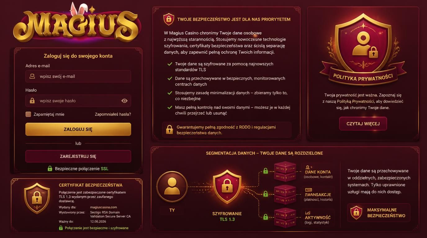 Interfejs pokazuje login z symbolem kłódki i tekstem „SSL aktywne – dane chronione”.