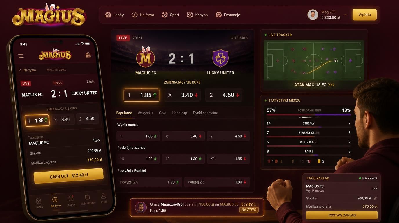 Ekran live z kursem zmieniającym się na bieżąco, statystyki meczu i cash out.