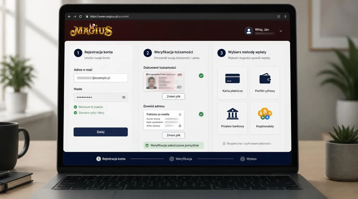 Panel konta z formularzem rejestracji, przesyłaniem dokumentów KYC i wyborem bezpiecznej metody wpłaty