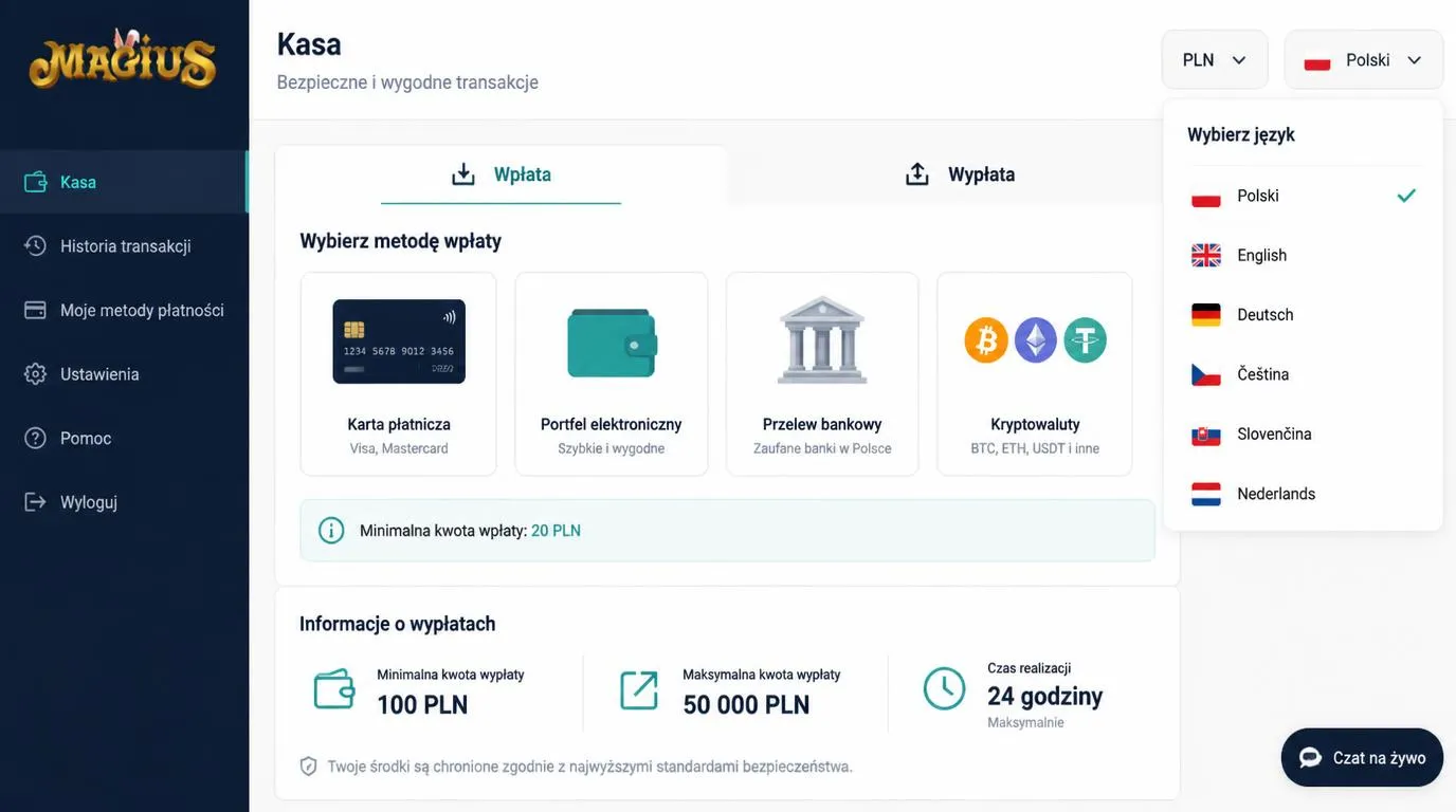 Panel kasy kasyna z saldem w PLN, wyborem metod płatności i zakładkami wpłaty oraz wypłaty