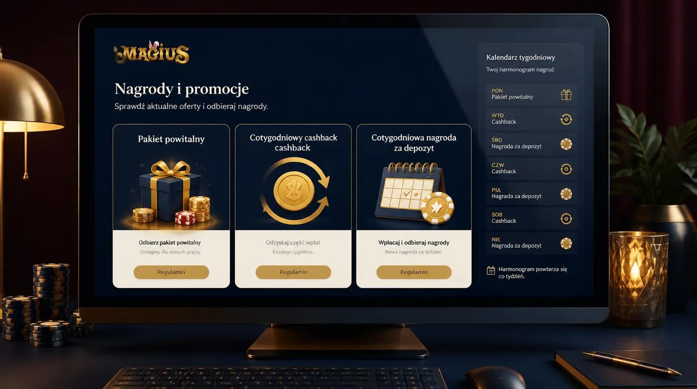 Panel promocji kasyna z kartami bonusu powitalnego, cashbacku i nagród tygodniowych